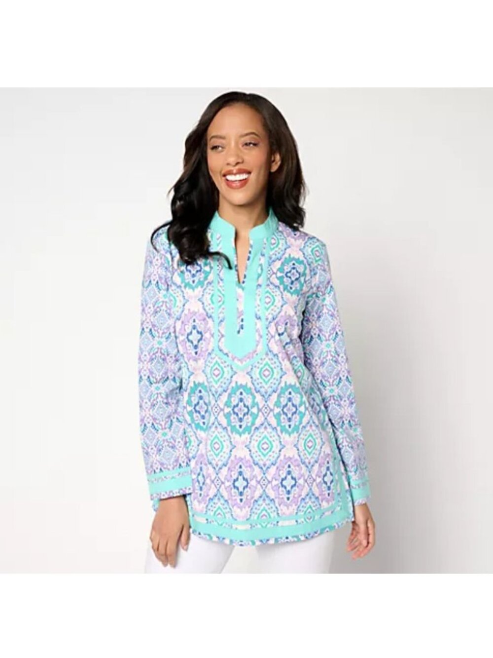 Bellisima by Kim Gravel Boutique Women Top Tunic sz M Ribbon Trim Blue A646031